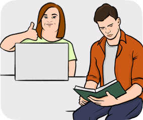 A women in front of a laptop thumbs up and  a man reading a book