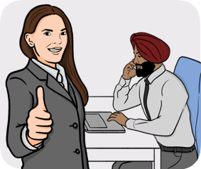 Man with a turban in front of a computer and a standing woman thumbs up