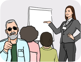 A woman giving a presentation in front of a group of people, one of them being blind