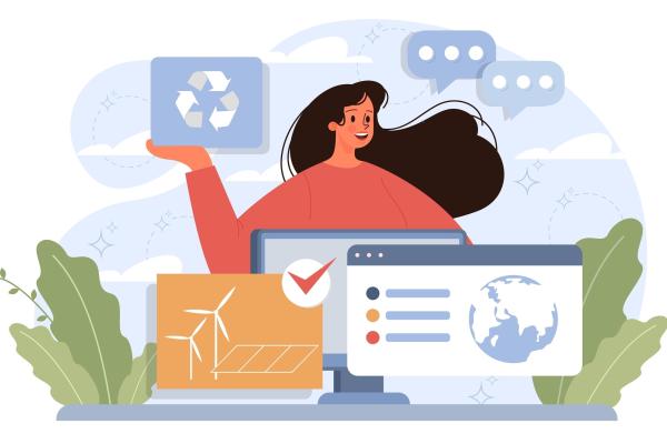 Illustrations evoking modern transition to green energy. Enthusiastic woman promotes eco solutions, showcasing recycling sign and wind turbines. 