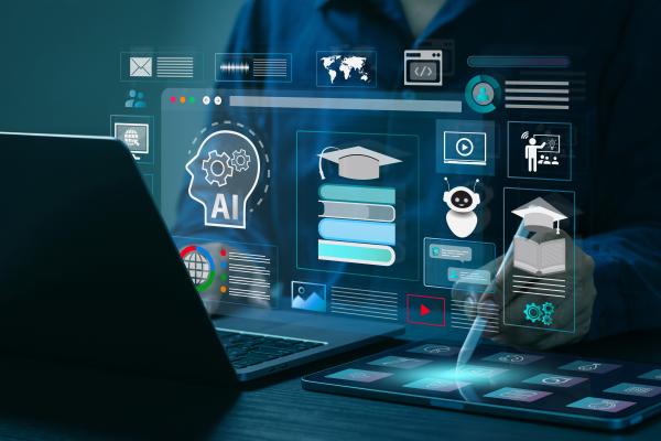AI Artificial Intelligence and Education technology concept. A man use laptops, Learn lessons and online webinars successfully in modern digital learning, Courses to develop new skills